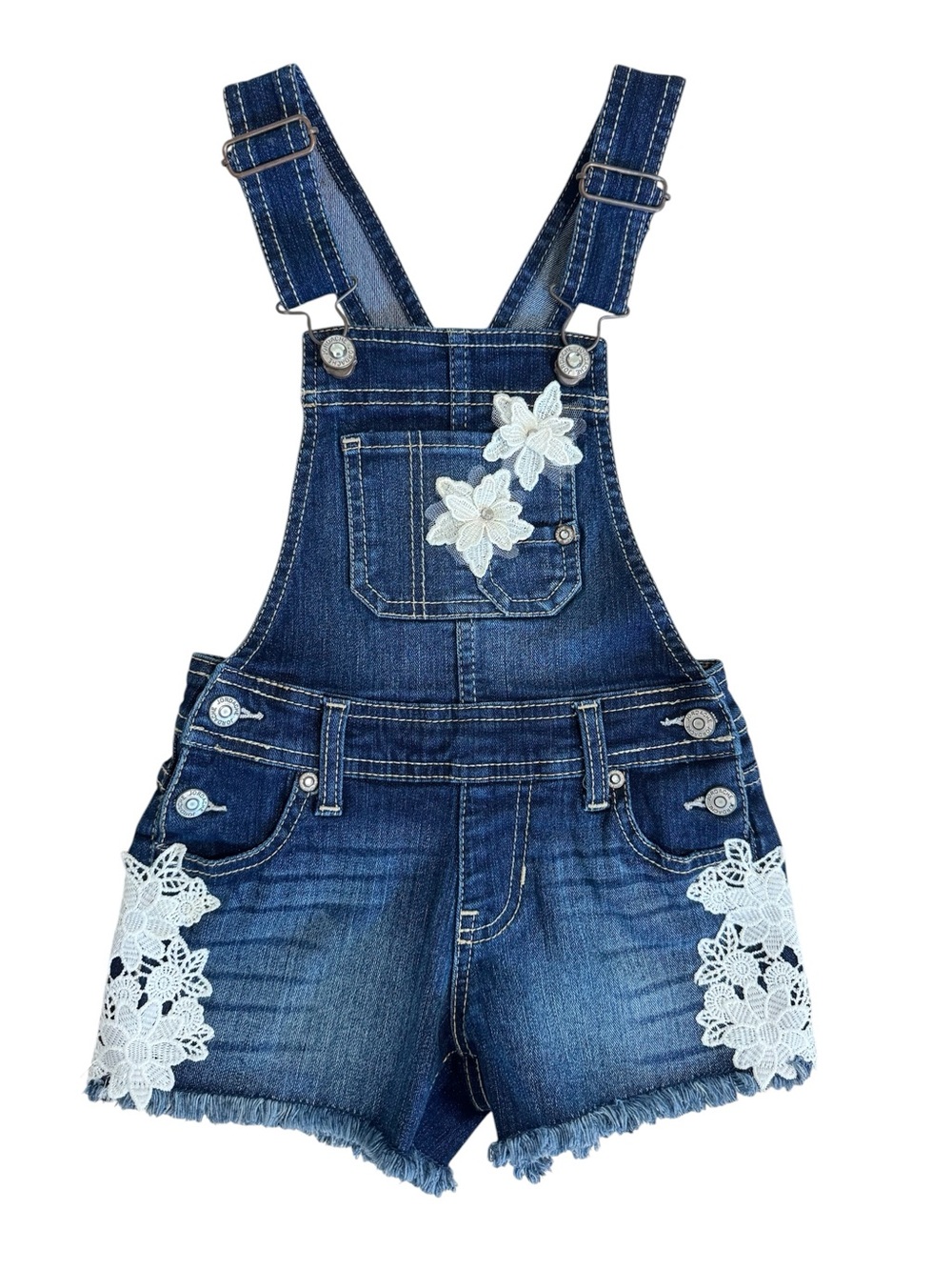 Jordache Girls Denim Overall Shorts White Lace Floral Embroidered XS 4/5  NWOT